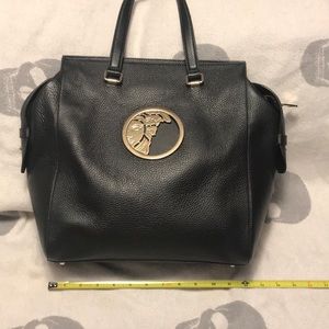 Authentic Versace collection black pebbled leather gold hardware